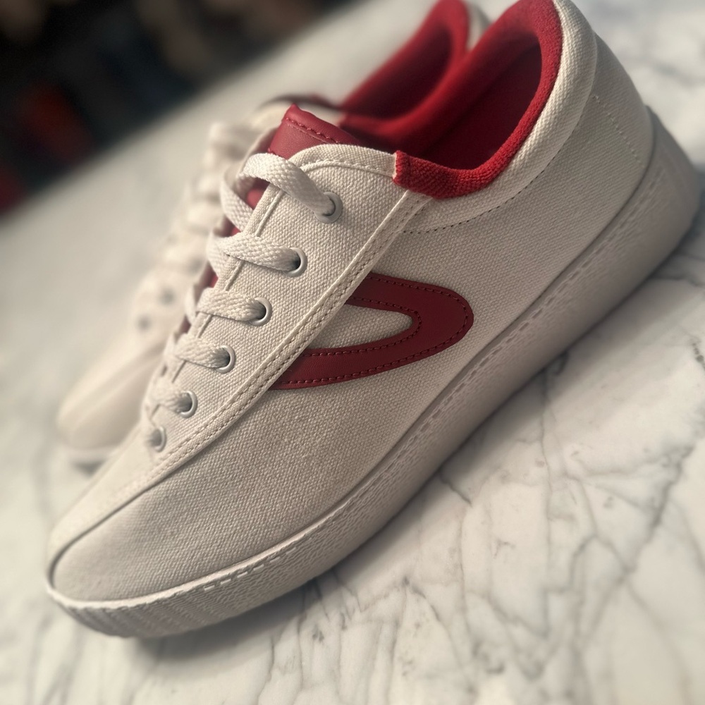 Tretorn White and Red Canvas Athletic Sneakers